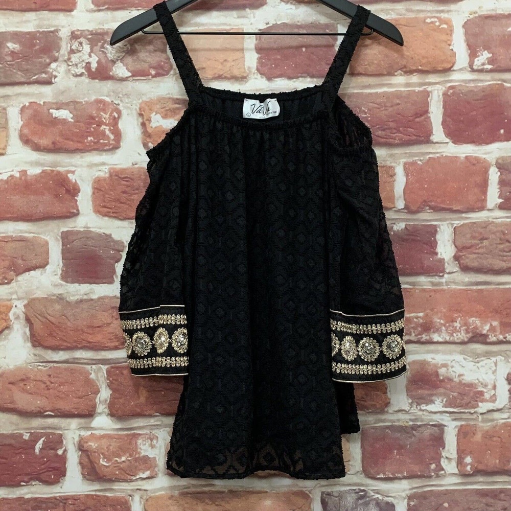 VA VA BY JOY HAN TOP WOMEN'S BLACK GOLD DIAMOND SWISS BURNOUT SHIRT
